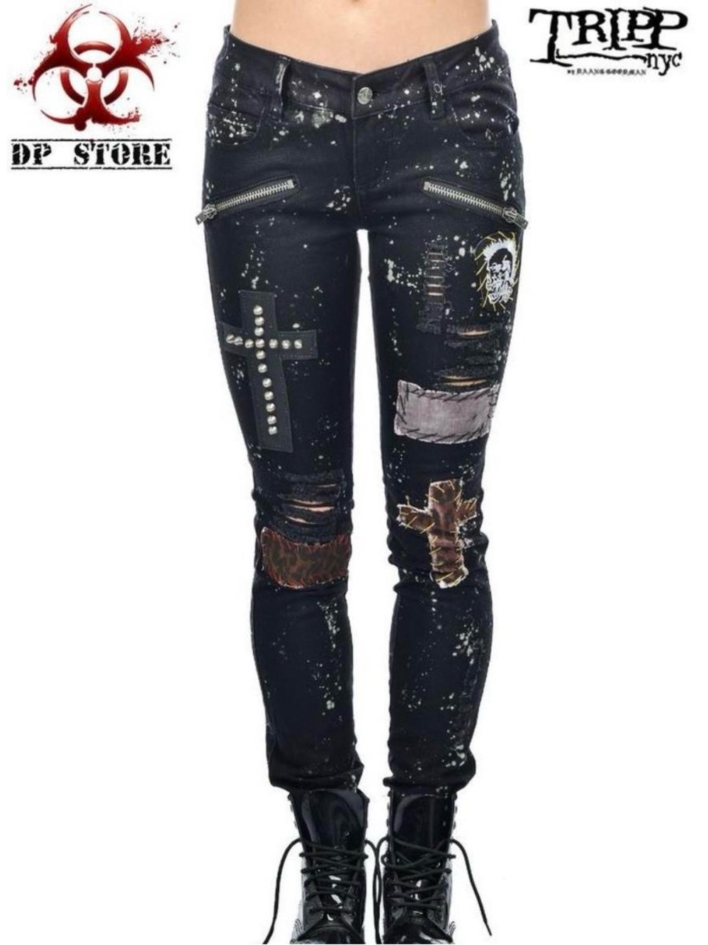 Tripp NYC 2000s Black Skinny Jeans with cross and splatter design